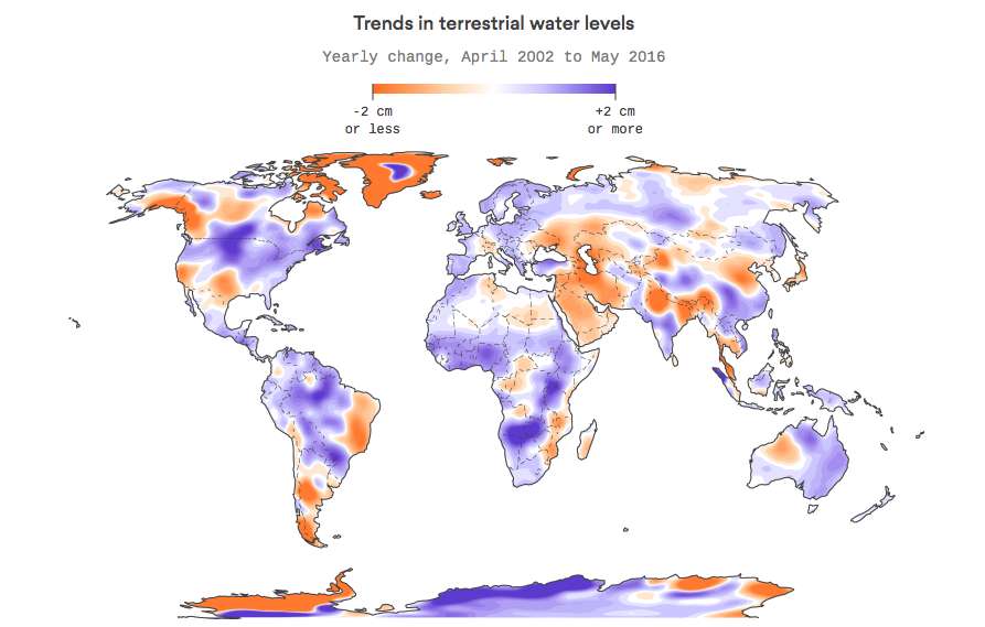 Cette carte montre les variations des niveaux des réserves d'eau douce. En orange, les régions qui ont le plus perdu d'eau et en violet celles qui en ont gagné. © Harry Stevens, Axios, carte adaptée de M. Rodell et al., 2018
