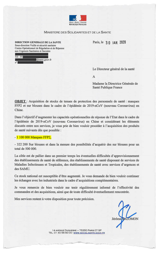 La commande d'équipement de protection ordonnée par la Direction générale de la Santé (DGS) le 30 janvier 2020. © Document Mediapart