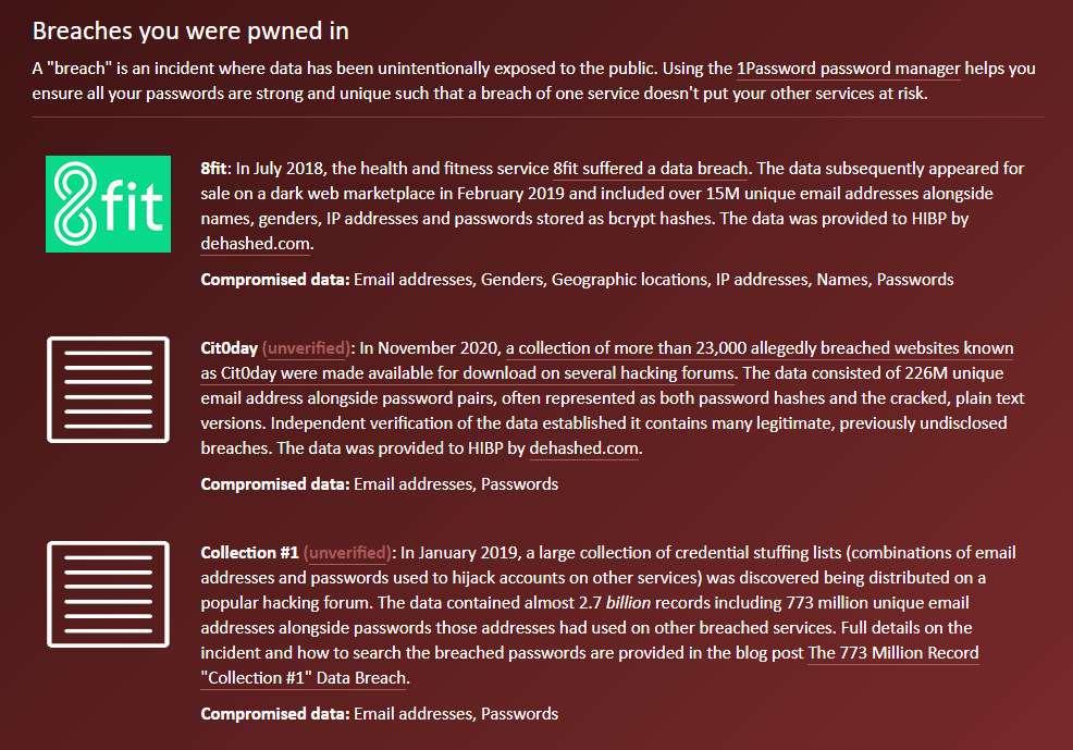 Le site en anglais Have I Been Pwned vous indique à quelle occasion votre e-mail s'est retrouvé piraté. © Futura 